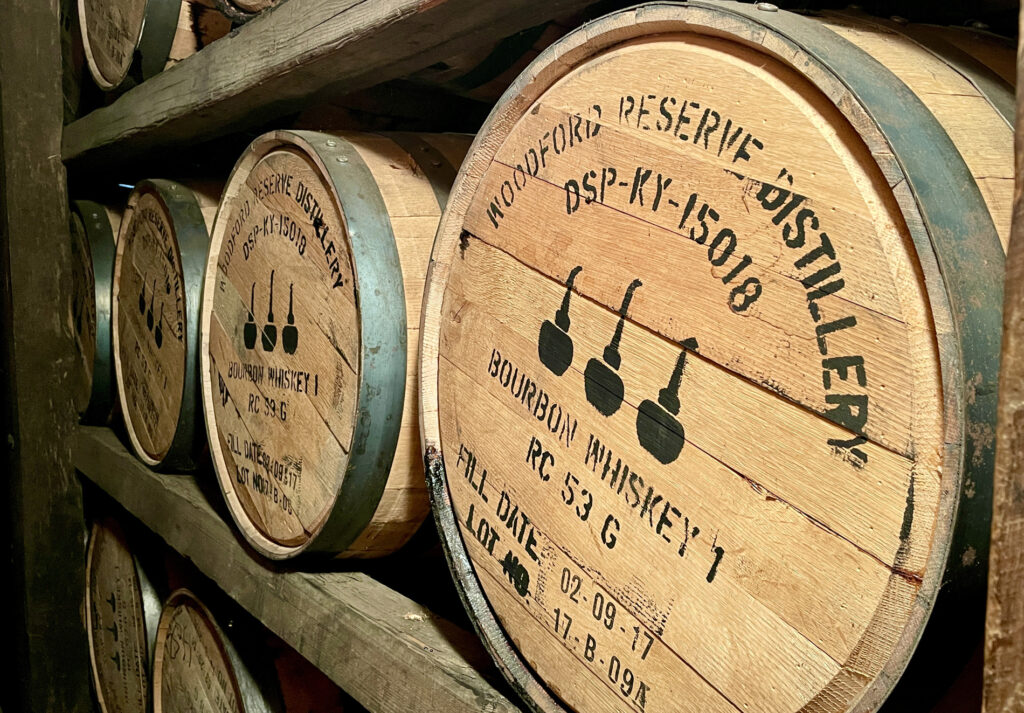 Aging bourbon barrels in a rick house