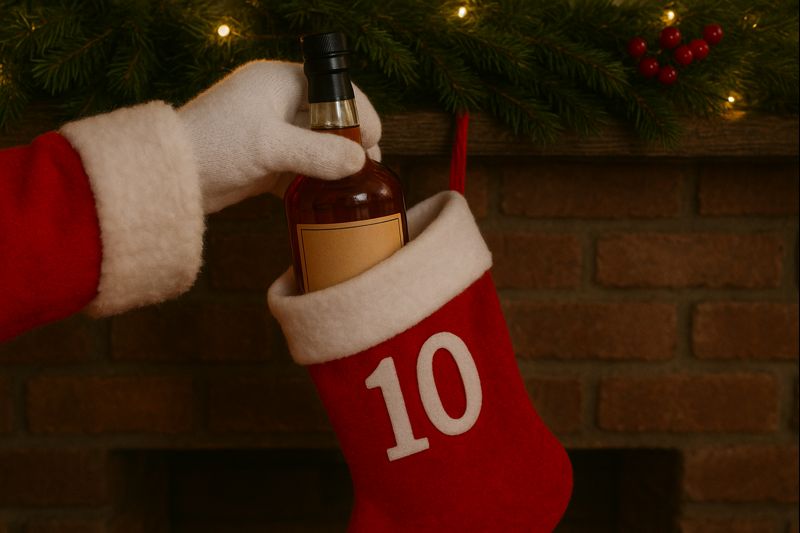 Santa putting bourbon in a stocking